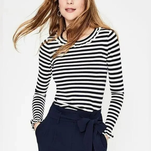Boden Bernadette Blue White Stripe Top Lightweight Sweater Ruffle Neck Coastal - Picture 1 of 12